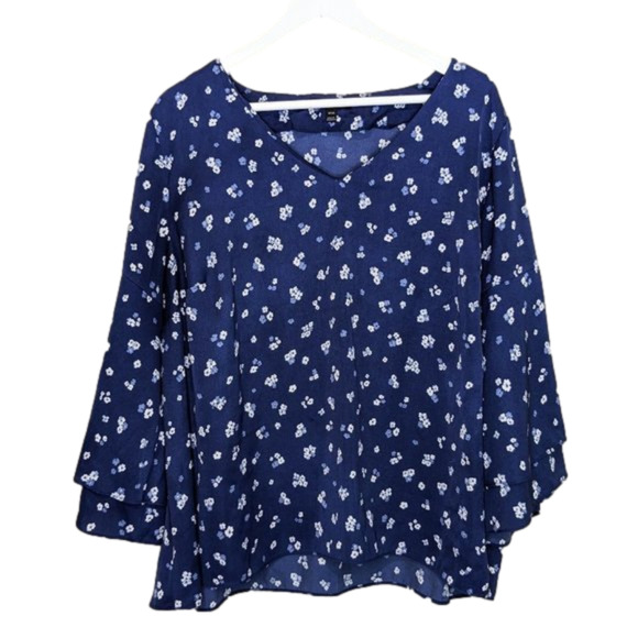 Lane Bryant Floral Bell Sleeves Top Womens Size 18/20 V-Neck Flowy Navy - Picture 1 of 6